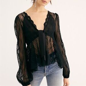 NWT Free People Luisa Top in Black Sheer Lace Puff Sleeve Bow Front Blouse
